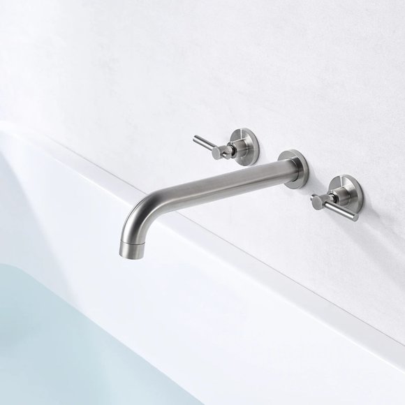 Brushed Nickel Two Handle Wall Mounted Roman Tub Faucet - Picture 2 of 5